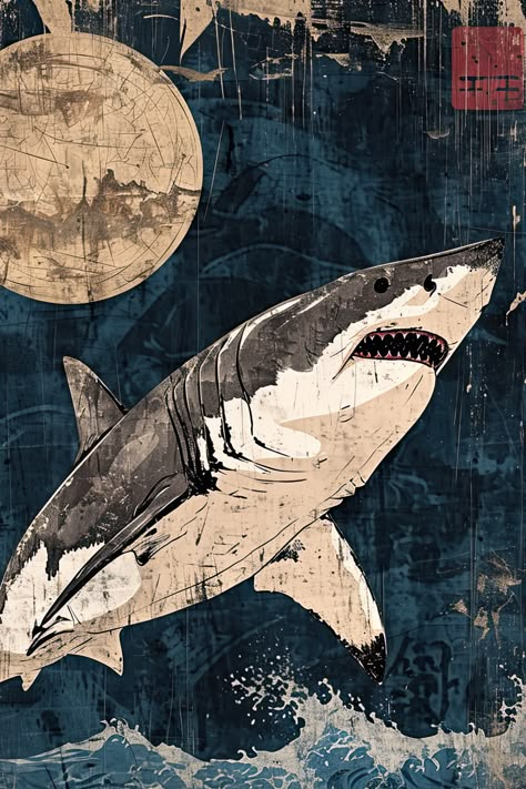 Shark art poster inspired in the style of Japanese-inspired motifs, He Jiaying, cardboard, RTX, Winslow Homer, cross-hatching. Japanese Poster Aesthetic, Poster Animal, Cool Shark Art, Vintage Japanese Art, Shark Artwork, Shark Art Aesthetic, Japanese Posters, Shark Art Wallpaper, Sharks Wallpaper