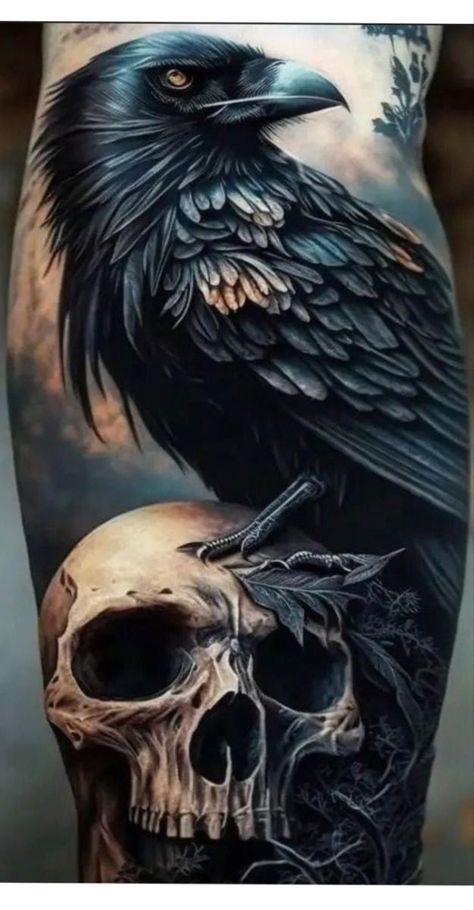 Black Crow Tattoos, Tattoo Crane, Crow Tattoos, Rabe Tattoo, Lup Singuratic, Crow Tattoo Design, Viking Tattoo Sleeve, Black Bird Tattoo, Skull Sleeve Tattoos