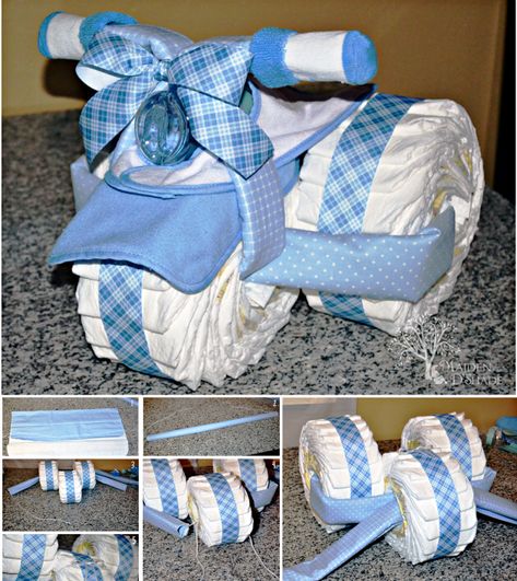 Cake For Baby Boy, Diaper Tricycle, Baby Shower Gifts To Make, Diaper Cake Instructions, Cake For Baby, Diy Diaper Cake, Diaper Gifts, Boy Baby Shower Ideas, Diaper Cake Boy