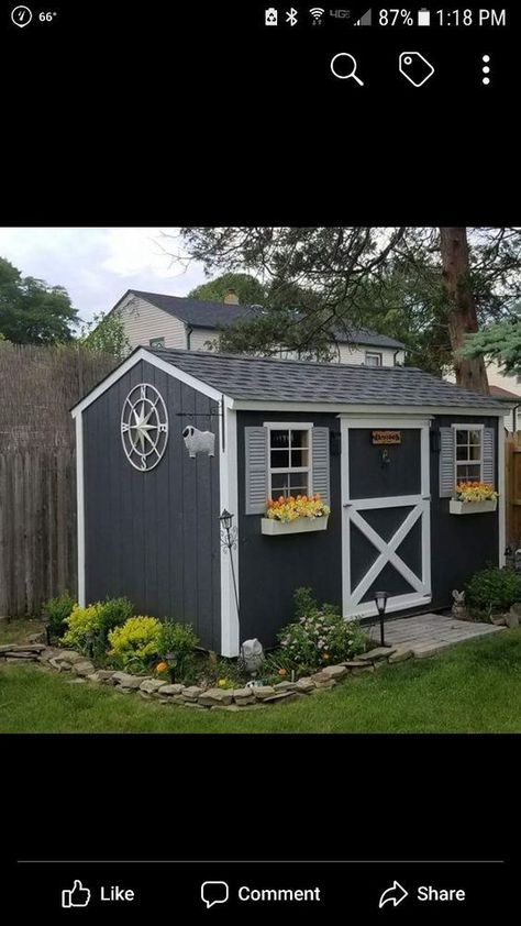 Garden Shed Wall Decor, Shed Design Colors, Garden Around Shed Ideas, Front Of Shed Landscaping, Front Of Shed Ideas, Backyard Shed Color Ideas, Around Shed Landscaping, Outside Of Shed Decor, Landscaping Around Storage Shed