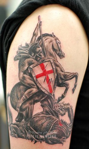 St George and the Dragon Tattoo | www.facebook.com/FlamingAr… | Flickr St George Tattoo, Arlo Tattoo, George Tattoo, St George Dragon, England Tattoo, Historical Tattoos, Saint Tattoo, Shield Tattoo, Slayer Tattoo