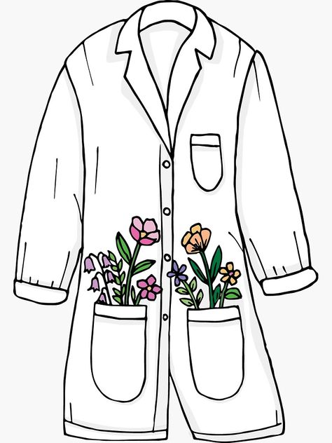 "Lab Coat and Flowers" Sticker for Sale by julierorrer | Redbubble Embroidered Lab Coat, Lab Coat Design Ideas, Lab Coat Embroidery Ideas, Lab Coat Decorating Ideas, Lab Coat Drawing, Lab Coat Aesthetic, Lab Coat Design, Lab Stickers, Lab Coat Fashion