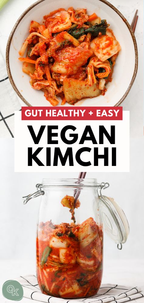 Learn how to make authentic Vegan Kimchi thats as delicious as the traditional version using this easy method! Full of gut-healthy probiotics, this recipe is fish free, gluten free and covers everything you need to know about kimchi! Spicy Kimchi Recipe, Vegan Kimchi Recipe, Vegetarian Kimchi, Fresh Kimchi, Vegan Kimchi, Healthy Probiotics, Kimchi Recipe, Fermentation Recipes, Vegan Foods