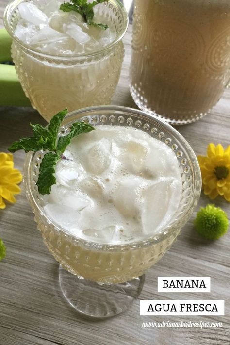 Refreshing and sweet banana agua fresca made with ripen bananas, turbinado sugar, fresh mint and purified water. Perfect for a snack or pairing with a favorite meal.  via @ABRecipes Banana Agua Fresca Recipe, Cucumber Aqua Fresca Recipes, Auga Frescas Pineapple, Banana Agua Fresca, Agua Fresca Flavors, Pineapple Mint Agua Fresca, Blended Coffee Drinks, Fiesta Recipes, Agua Fresca Recipe