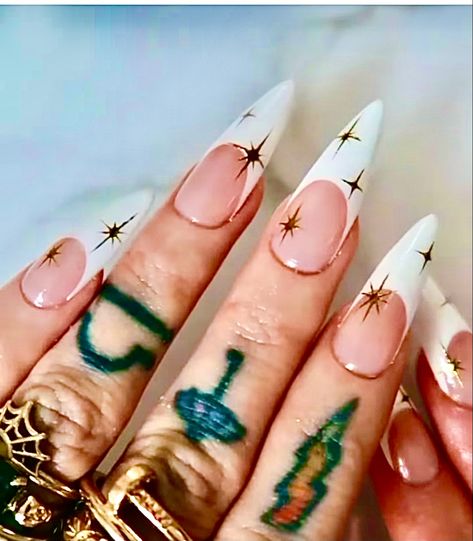 Coffin French Tip Nails With Stars, Deep French Tip Nails With Design, Star Nail French Tip, French Nails Unique, Quirky French Nails, Almond French Tip With Stars, Star Stilleto Nails, Spicy French Tip Nails, Witchy French Tip Nails