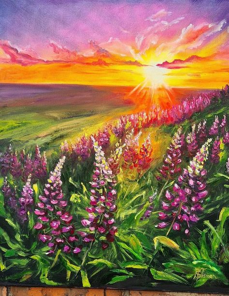 Flower Garden Canvas Painting, Landscape Purple, Abstract Painting Acrylic Modern, Flowers Sunset, Floral Landscape, Canvas Photography, Art Tutorials Watercolor, Scenery Paintings, Landscape Art Painting