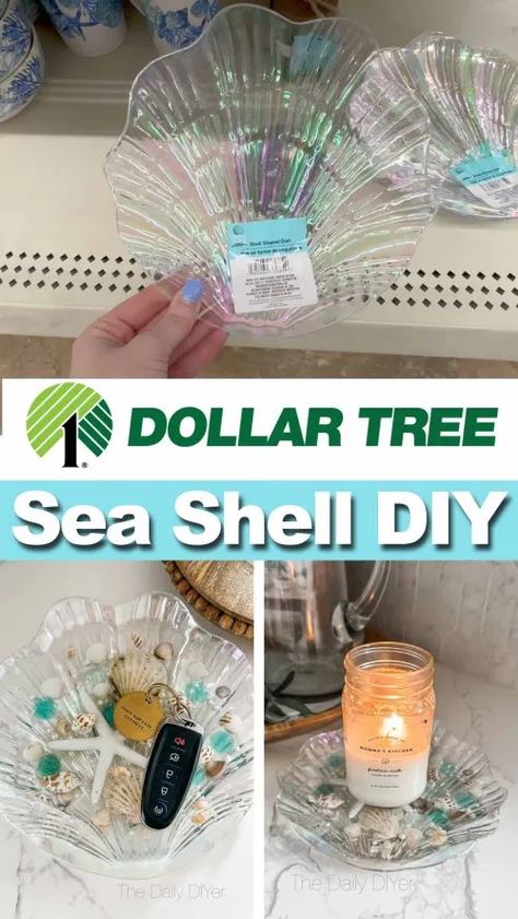 Dollar Tree sea shell tray DIY Diy Ocean Bathroom Decor, Dollar Tree Beach Decor Diy Bathroom, Dollar Tree Mermaid Decor, Beach Crafts For Adults Diy, Dollar Tree Ocean Decor, Seashell Centerpieces Diy, Mermaid Dollar Tree Diy Decor, Beach Theme Centerpieces Dollar Stores, Dollar Tree Shell Wreath