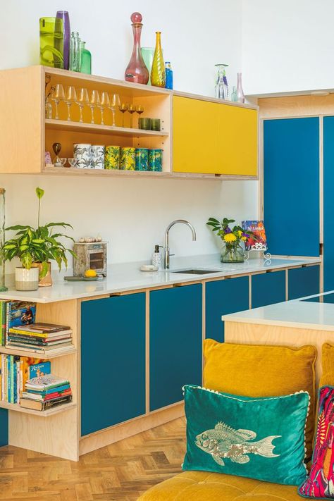 Blue and Yellow Plywood Kitchen with open kitchen shelving Blue Kitchen Interior, Open Kitchen Shelving, Vibrant Kitchen, Kitchen Shelving, Plywood Kitchen, Kitchen Time, Sustainable Kitchen, Integrated Handles, Studio Kitchen