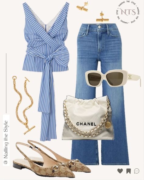 Hello, blue stripes & denim! 💙✨ Loving this fresh and chic summer look that effortlessly transitions from day to night. Whether you’re off to brunch or an evening out, this outfit has you covered. What do you think of the stripes? Let me know below! ✨Links in stories and July highlights✨ Top: Dries Van Noten Jeans: Reiss Shoes: Gucci Bag: Chanel Sunglasses: Celine . . . . . . #NailingTheStyle #summerlook #outfitoftheday #outfitinspiration #discoverunder1000 #outfitinspo #fashionblogg... Brunch Outfit With Jeans, Jeans White Top Outfit, Brunch Outfit Summer, Effortlessly Chic Outfits Summer, Denim Top Outfit, White Tops Outfit, Blue Striped Top, Kardashian Outfit, Winter Fashion Outfits Casual