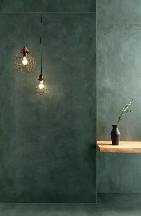 Patina Plate | Tubądzin Microcement Walls, Faux Painting Walls, Dark Green Bathrooms, Small Room Design Bedroom, Tv Room Design, Salon Suites, Green Flooring, Venetian Plaster, Clay Wall