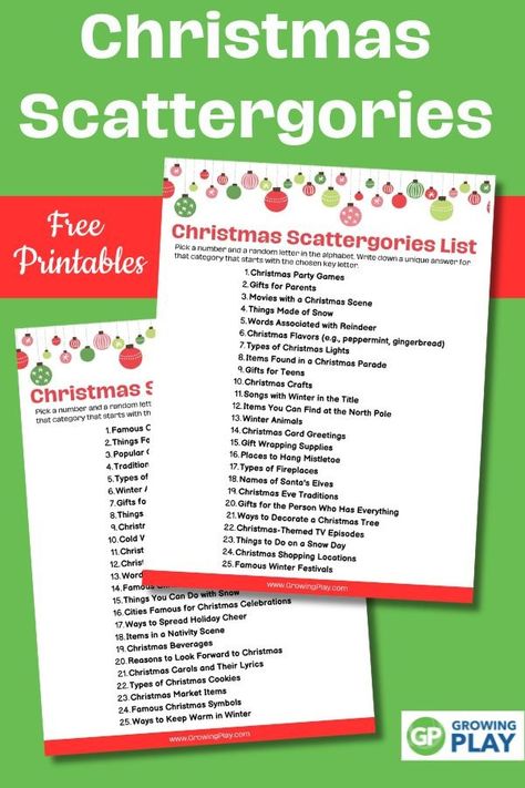 Christmas Scattergories List - Free Printable Game - Growing Play Christmas Scattergories Lists, Christmas Scramble Free Printable, Christmas Scattergories, Christmas Word Games Free Printable, Christmas Scattergories Free Printable, Free Christmas Printable Games, Christmas Word Scramble Free Printable, Free Christmas Games Printables, Free Printable Christmas Games