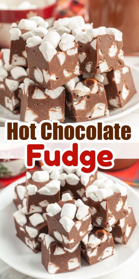 Recipes Using Hot Chocolate Packets, Recipes Using Hot Fudge Sauce, Chocolate Fudge Christmas, Hot Chocolate Baked Goods, Christmas Baking With Marshmallows, Hot Chocolate Packet Recipes, Easy Non Perishable Desserts, Hot Chocolate Squares, Yummy Fudge Recipes