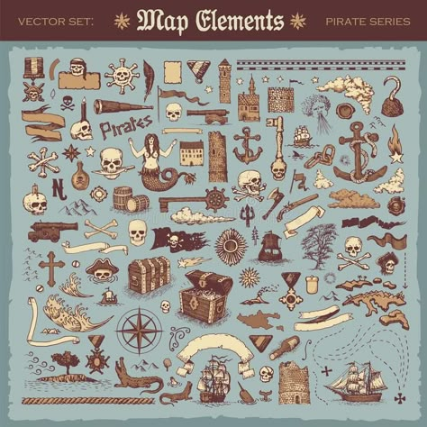 Map elements and pirate items. Vector illustrated vintage set of various map ele , #AD, #pirate, #items, #Map, #elements, #Vector #ad Map Elements, Pirate Illustration, Water Fairy, Map Icons, Vector Elements, Art Fonts, Pirate Theme, Illustrated Map, Map Vector