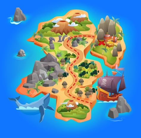 Premium Vector | Treasure game map, cartoon tropical island map showing road direction to pirate gold treasure Pirates Map, Island Cartoon, Cartoon Island, Map Cartoon, Treasure Games, Gold Treasure, Cartoon Map, Pirates Gold, Game Map