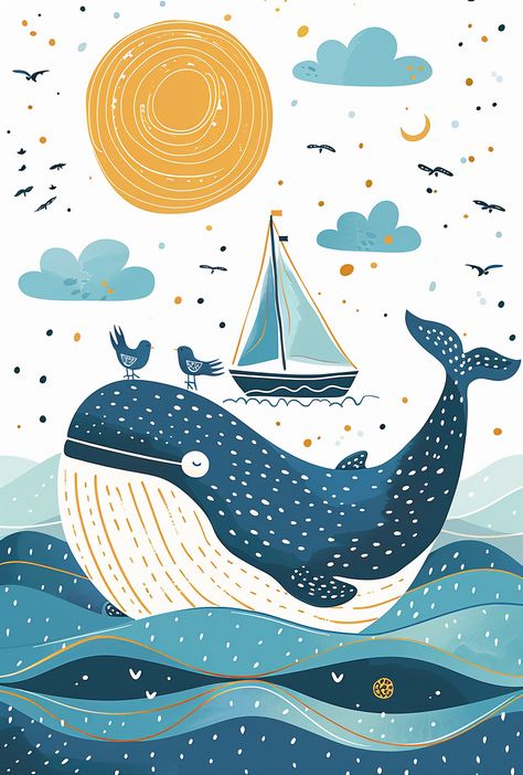 #BohoNursery #Whale #CuteIllustration #Ocean #Summer #LoïcJouannigot #Seabirds #Sailboat #Sun #WhiteBackground #Hand-drawn #PastelTones #BeigeColorScheme #45:67 #TheCandie Children Book Illustration Ideas, Sun White Background, Candle Painting Art, Whale Swimming, Whale Drawing, Happy Whale, Inspirational Digital Art, Whale Illustration, Sea Illustration