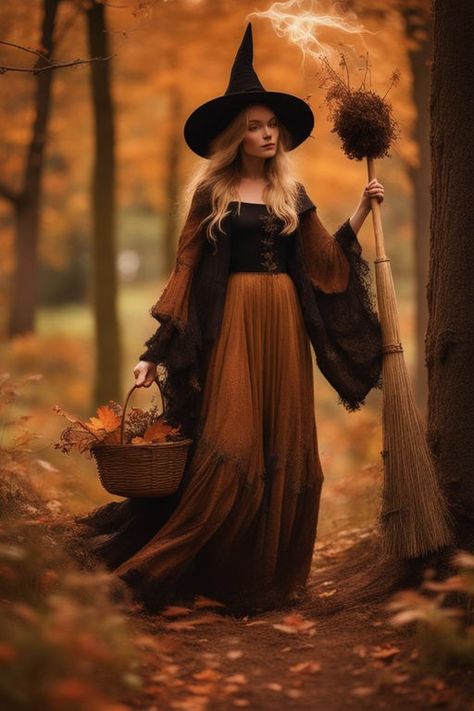 Traditional Witch Outfit, Witch Costume Ren Faire, Fall Witch Ren Faire, Brown Witch Costume, Old Fashioned Witch Outfit, Glamorous Witch Costume, Historical Witch Costume, Ren Faire Fortune Teller, Authentic Witch Costume