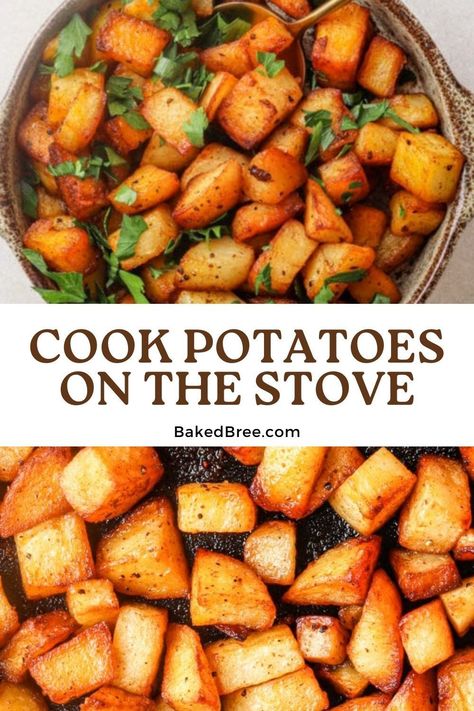 Wondering how long to cook potatoes on the stove? Follow our easy steps for perfectly cooked spuds! Dice Russet potatoes into uniform cubes, then sauté in a skillet until golden and tender. Sprinkle with salt, pepper, and optional garlic powder or smoked paprika. Enjoy crispy, golden-brown potatoes in minutes! How To Cook Potatoes On Stove, Golden Potato Recipes, Potatoes On The Stove, Baked Bree Recipe, Pan Fried Potatoes, Mini Potatoes, How To Make Potatoes, Chicken Appetizers, Cubed Potatoes