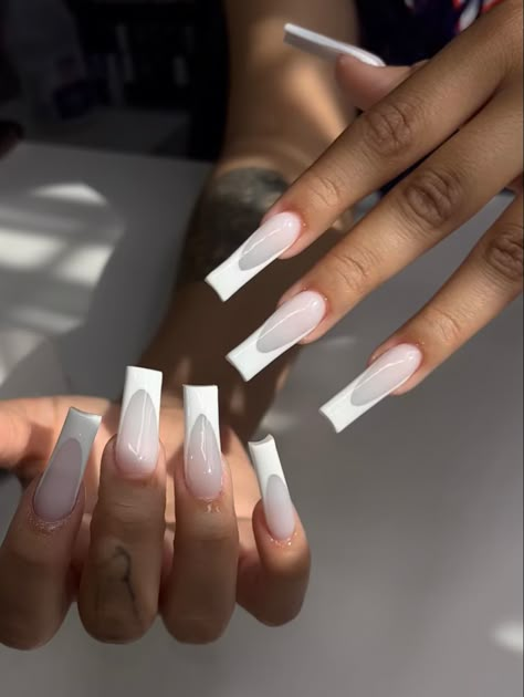 Straight Acrylic Nails Long, Grey With White Tip Nails, White On White French Manicure Long, Clear White French Tip Nails, Off White Acrylics, White On White Acrylic Nails, Grey And White French Tip Nails, Long Tip Nails, All White French Tip Nails