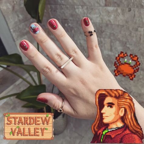 Red manicure with crab accent nail inspired by Stardew Valley's Elliott Stardew Nails, Stardew Valley Nails, Pretty Fingers, Stardew Valley Fanart, Accent Nail, Soft Spoken, Stardew Valley, Passion Project, Accent Nails