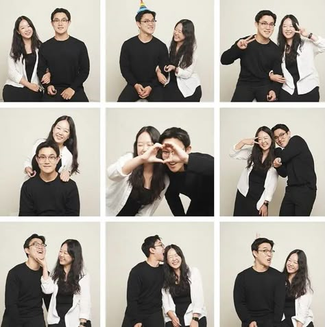 Korean Photobox Couple, Couple Selfie Pose Reference, Couple Self Shoot Poses, Couple Poses Reference Studio, Self Studio Poses Couple, Self Studio Photoshoot Couple Korean, Couple Portrait Studio Photo Poses, Self Photoshoot Studio Poses Couple, Self Portrait Photography Couple Studio