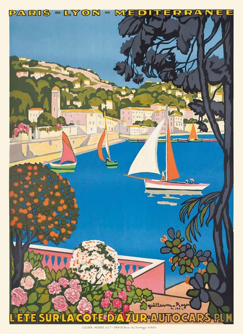 1926 French railway PLM travel poster by Guillaume Georges Roger promoting  Summer on the Cote D'Azur . cote d azure poster,french riviera poster,vintage french riviera,vintage south of france,plm poster,france travel poster,affiche cote d azur,vintage railway poster,vintage french railway poster,vintage cannes,vintage saint tropez,vintage nice,travel poster,vintage travel poster,jet set,french travel poster,vintage riviera,vintage travel,affiche,1920s france travel poster Art Deco Travel Posters, Vintage French Posters, Sports Posters, French Poster, Poster Store, Vintage Poster Art, Cote D’azur, Affordable Wall Art, Sailboats