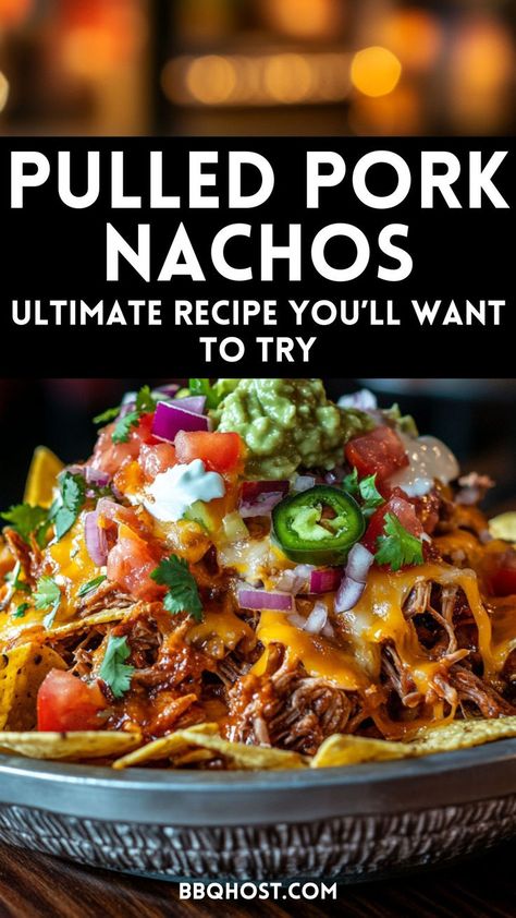 Get ready for the ultimate game-day snack with this pulled pork nachos! These ultra crispy, loaded nachos are piled high with tender pulled pork, ooey-gooey cheese, and all your favorite toppings. Discover the secret to achieving that perfect crunch and whip up a batch of BBQ pulled pork nachos that everyone will love! Save this now and check out the blog for the full guide! Bbq Pork Nachos Tortilla Chips, Pulled Pork Loaded Nachos, Smoked Pork Nachos, Pulled Pork Nachos Recipe Slow Cooker, Bbq Pork Nachos Pulled, Pulled Pork Bbq Nachos, Pulled Pork Loaded Baked Potato, Pulled Pork Mexican Recipes, Pulled Pork Dip Recipes