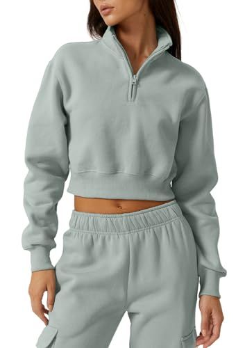 QINSEN Womens Half Zip Crop Sweatshirt High Neck Long Sleeve Pullover Cropped Top Fasion Outfits, High Neck Long Sleeve, Crop Sweatshirt, Zip Sweater, Cropped Top, Long Sleeve Pullover, Half Zip, Hoodie Fashion, High Neck