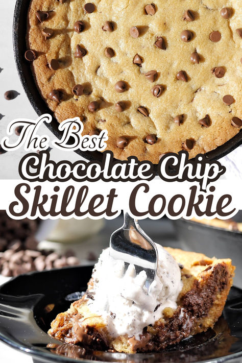 This easy chocolate chip skillet cookie is baked in a cast iron skillet to get the edges nicely crisp and the center deliciously gooey. A quick and easy treat that is perfect for any occasion! Skillet Cookie Recipe, Chocolate Chip Skillet Cookie, Skillet Desserts, Skillet Chocolate Chip Cookie, Scoop Of Ice Cream, Skillet Cookie, Best Chocolate Chip, Skillet Recipes, The Sky Is The Limit