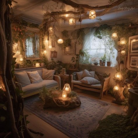 Fantasy Aesthetic Living Room, Fairy Inspired House Interior, Moss Blanket Aesthetic, Fairy Aesthetic House Decor, Cozy Room Aesthetic Dark Forest, Vintage Fairy Room Aesthetic, Fantasy Aesthetic Room Decor, Fantasy Cottage Living Room, Forestcore Home Decor