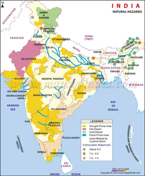 Natural Hazard Map of India showing the different natural calamity prone area in India. Many natural hazards are related to earthquake prone area, hot desert area, cold desert area, drought prone area, flood prone area and cyclone prone area of India. Thematic Map, Indian Map, Indian Geography, India World Map, Hazard Map, Virtual Reality Education, Cold Desert, Basic Geography, Map Of India