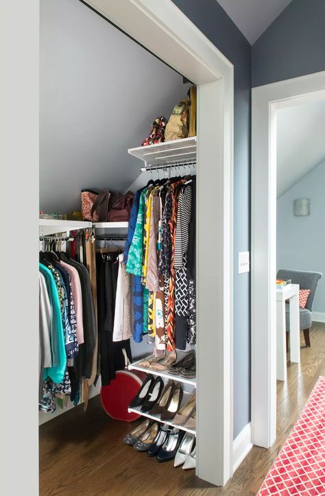 Slanted Closet Ideas, Small Closet Systems, Slanted Ceiling Closet, Attic Closet Ideas, Small Walk In Closet, Attic Closet, Walking Closet, Walk In Closet Design, Slanted Ceiling