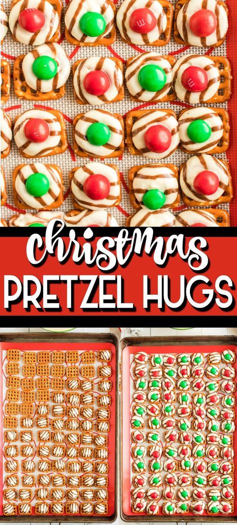 These M&M Pretzel Hugs are the perfect Christmas treat. The combination of a salty pretzel, with creamy chocolate and white chocolate Hershey’s hugs, topped off with a crunchy M&M makes for a super tasty little treat. They are a great DIY holiday gift in a tin and for cookie exchanges too!  #hugs #kisses #hershey #christmas #holiday #dessert #pretzel #salty #mandm Pretzel Mm Hugs, Reindeer Noses Candy, Hershey Kisses On Pretzels, Pretzels With Hugs And M&ms, Christmas Pretzel Hershey Kiss, Christmas Dessert Pretzel, Holiday Tin Treats, Christmas Hugs Pretzels, Christmas Candy Snacks