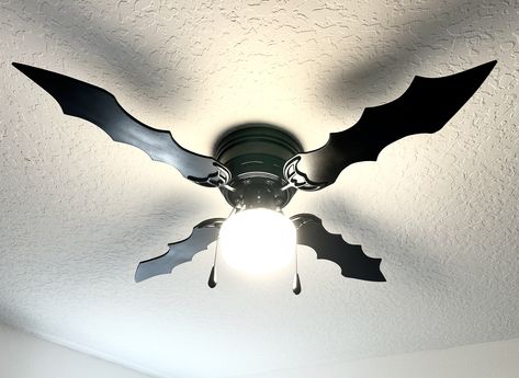 Bat Ceiling Fan, Bat Fan Goth Home Decor, Gothic Room Decor, Bat Pull String Fan, Decorative Bat Wing Fan with Light Fixture, Batwing Fan Perfect for any gothic home, kid's room, or bat cave!  * 42" blade span * 3 speeds * 2 pull chains (1 for light, 1 for fan) * 4 fan blades * Black Made from a store-bought fan.  Will ship in original fan's box. Gothic Apartment Decor, Gothic Bathroom Ideas, Gothic Home Interior, Gothic Room Decor, Gothic Decor Bedroom, Gothic Room, Gothic Furniture, Dark Home Decor, Goth Home