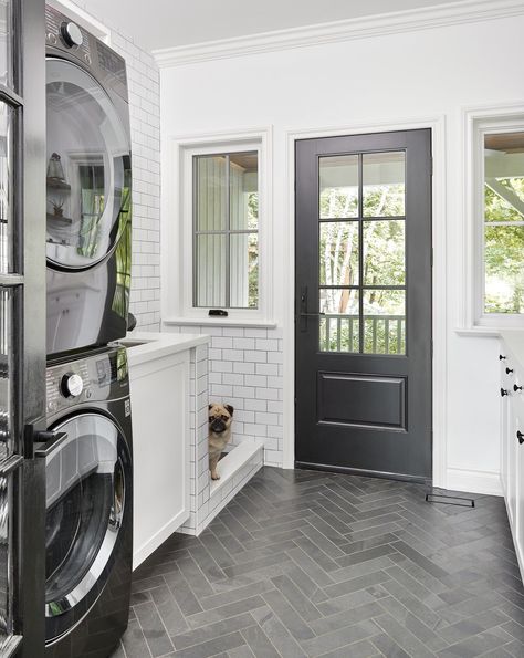 Laundry Room Design With Pet Wash, Laundry Mud Room Dog Kennel, Laundry Room With Outside Door, Dog Cleaning Station Laundry Rooms, Breezeway Laundry Mud Room, Laundry Room Silver Appliances, Dog Bath Utility Room, Laundry Room Design With Dog Wash, Laundry Room Dog Bath Utility Sink