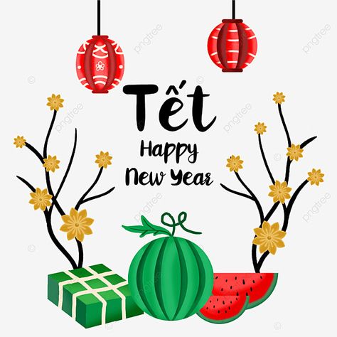 Happy Vietnamese New Year, Vietnamese New Year, Watermelon Vector, Happy New Year Fireworks, New Year Clipart, Cake Vector, Happy New Year Background, New Year Fireworks, Cultural Festival