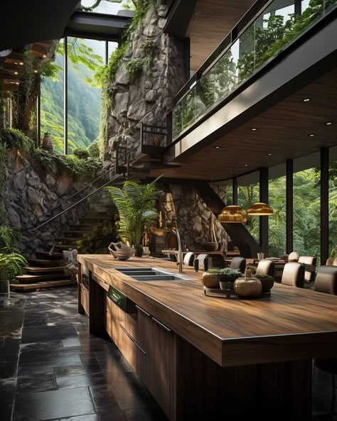 Indoor Forest Home, Rainforest Home Decor, Rainforest Interior Design, Kitchen In Forest, Nature Interior Design, Rainforest Home, Nature Kitchen, Tropical Kitchen, Earthship Home