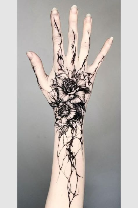 Drippy Tattoos Aesthetic, Thorn Hand Tattoo, Black Out Tattoo Negative Space, Creepy Hand Tattoos, Dark Flowers Tattoo, Floral Hand Tattoos, Creative Hand Tattoos, Vine Hand Tattoo, Black Hand Tattoo