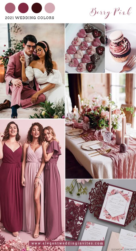 berry pink and burgundy stylish micro wedding - Wedding Color Trend 2021 #wedding #trends #color Burgundy Pink And Brown Wedding, Burgundy Mauve Champagne Wedding, Berry Color Wedding Decor, Mauve Pink And Burgundy Wedding, Pink Burgundy Wedding Theme, Pinks And Berry Wedding, Raspberry Pink Wedding Theme, Colour Theme For Wedding, Burgundy Palette Wedding