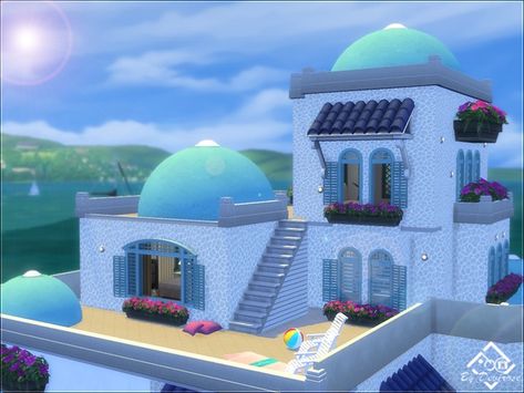 Devirose's Santorini Era 21 Group Housing, Greek Ideas, Mediterranean Houses, Santorini House, Greek Decor, Greek House, Casas The Sims 4, Mediterranean Homes, Sims House