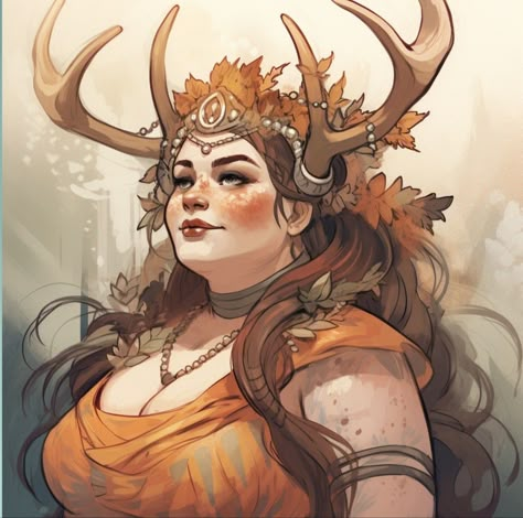 Dnd Satyr Female Sorcerer, Female Faun Dnd, Satyr Oc Female, Leaf Hair Drawing, Saytr Woman, Satyr Dnd 5e Female, Plus Size Fantasy Art, Female Druid Character Design, Fall Eladrin