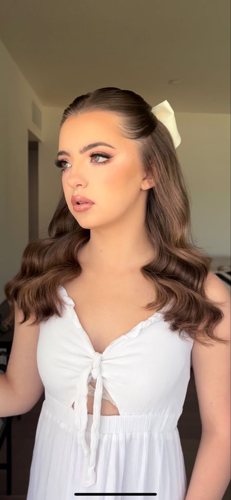 Bridal Shower Hair With Bow, Bachelorette Hairstyles Half Up, Half Updo With Bow, Clean Half Up Half Down Hair, Half Up Half Down Hair Wavy, Sleek Half Up Half Down Hair Wedding, Sleek Half Up Half Down, Half Up Half Down Middle Part, Half Up Half Down Hair Bow