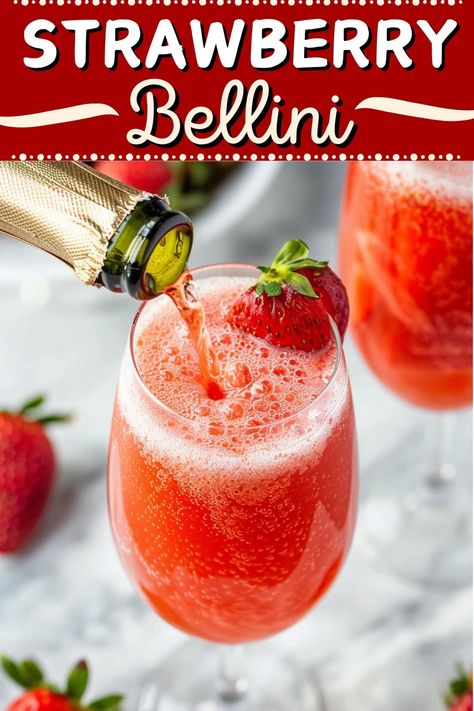 This strawberry Bellini is the perfect addition to any brunch! The combo of fresh strawberries and bubbly Prosecco is so fresh and inviting. Strawberry Bellini Recipe, Strawberry Bellini, Strawberry Mimosa, Bellini Cocktail, Bellini Recipe, Prosecco Cocktails, Lime Soda, Strawberry Puree, Alcohol Drinks