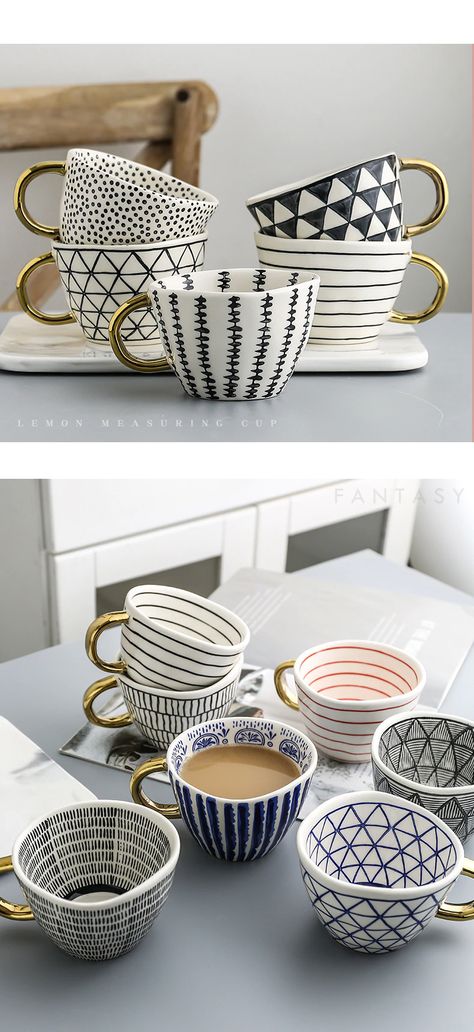 MEILING Creative Hand Painted Big Mugs With Gold Handle Geometry Pattern Ceramic Coffee Tea Milk Cups Irregular Shape Home Decor|Mugs| - AliExpress Big Mugs, Milk Oatmeal, Cups For Coffee, Pattern Ceramic, Creative Birthday Gifts, Creative Birthday, Tea Milk, Geometry Pattern, Ceramic Ideas