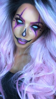 Clown Makeup Purple, Evil Makeup Looks, Purple Clown Makeup, Crazy Clown Makeup, Neon Clown Makeup, Horror Clown Makeup, Makeup Looks Purple, Killer Clown Makeup, Clown Makeup Looks