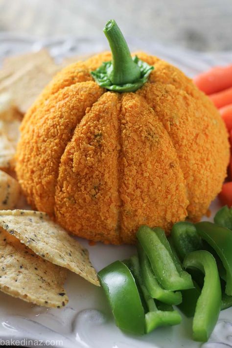 Pumpkin Shaped Cheese Ball | Baked in AZ Halloween Nibbles, Pumpkin Cheeseball, Pumpkin Shaped Cheese Ball, Pumpkin Cheese Ball Recipe, Shaped Cheese Ball, Halloween Cheese Ball, Pumpkin Cheese Ball, Halloween Food For Adults, Halloween Party Foods