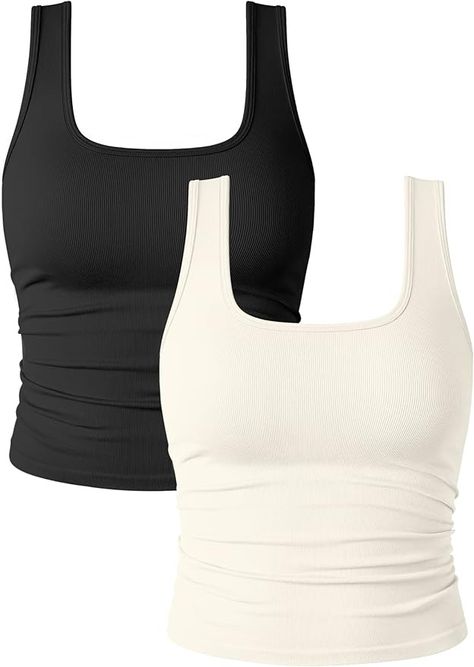 OQQ Womens 2 Piece Shirts Ruched Sleeveless Square Neck Seamless Stretch Fit Basic Tee Tops Black Beige at Amazon Women’s Clothing store Basic Pieces Of Clothing, Basic Clothes Essentials, Thrift List, Thrift Clothes, Thrifted Outfits, Japan Aesthetic, Tops Black, Basic Tops, Basic Tee