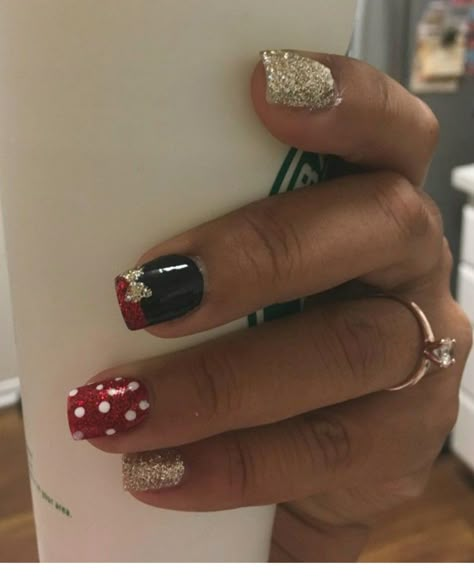 Disney Nails - Red, Gold Glitter, Black Gold Mickey Nails, Rose Gold Disney Nails, Red And Black Disney Nails, New Years Disney Nails, Red Mickey Nails, Gold Disney Nails, Disney Christmas Nails Acrylic, Disney Christmas Nail Designs, Glitter Disney Nails