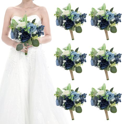 PRICES MAY VARY. Set of 6 artificial bridesmaid bouquets for wedding. Made of a mix of high quality silk and plastic type material. Natural twine around the base of the rose bouquets. 7 Inch wedding fake bridesmaid bouquets consists of navy blue, dusty blue, grayish blue and white roses and green eucalyptus branches. Simple but romantic. Pre-made bridesmaid bouquet will be perfect for your vintage, rustic or boho wedding ceremony party. You can use them for wedding decor, then home decor afterwa Winter Wedding Bouquet Blue, Winter Wedding Flowers Bouquets, Bridemaid Bouquet, Bouquets For Wedding, Anniversary Centerpieces, Wedding Bridesmaid Bouquets, Blue And White Roses, Simple Wedding Flowers, Eucalyptus Bouquet