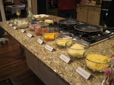 Breakfast Omelet Bar - fun for a sleepover! I would let them pick the toppings then make them their omelet or let them try DIY omelets Omelette Bar, Best Omelette, Sour Cream Muffins, Breakfast Omelet, Diy Brunch, Thanksgiving Breakfast, French Accent, Brunch Buffet, Christmas Brunch