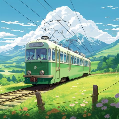 My Neighbor Totoro Landscape, Old Anime Backgrounds, Green Anime Background, Studio Ghibli Train, Midday Aesthetic, Anime Countryside, Anime Train, Mountains And Sky, Countryside Art